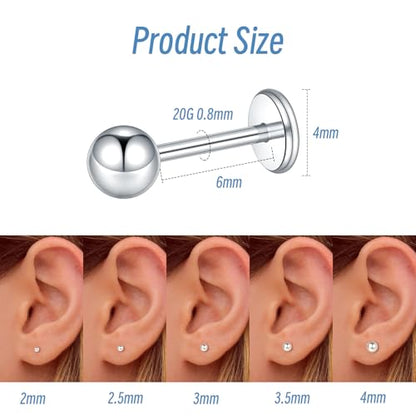 Xpircn Flat Back Stud Earrings 16G 18G 20G Tiny CZ Stud Earrings, Gold Flat Back Earrings, Threadless Cartilage Tragus Piercing Conch Helix Stud - color: Silver-Tiny Ball, size: 20G 6mm Bar