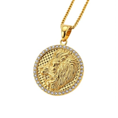 HIJONES Men's Women's Stainless Steel Zodiac Coin Embossed Necklace CZ Astrology Horoscope Pendant Necklace - color: Gold Leo