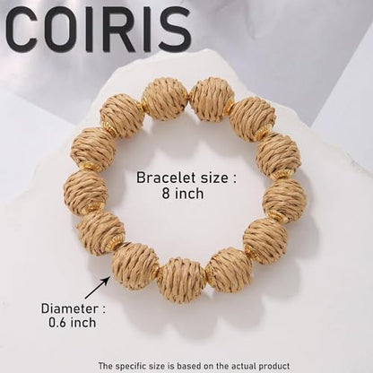 Coiris Rattan Raffia Woven Adjustable Boho Bracelet for Women | Handmade Bracelets Stretch Bracelet - color: Light Brown