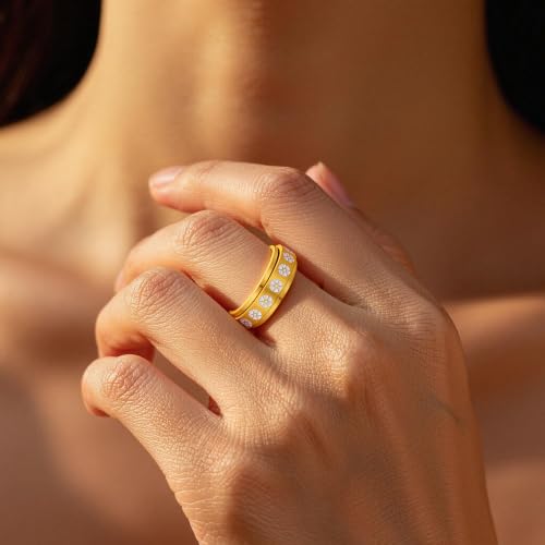 Fidget Anxiety Spinner Rings for Women | 14K Gold Silver Plated, 8mm Thick Stainless Steel Band Ring, Statement Cross Flower Spinning Rings, Jewelry Gifts, Size 6-10 - color: Gold-Heart