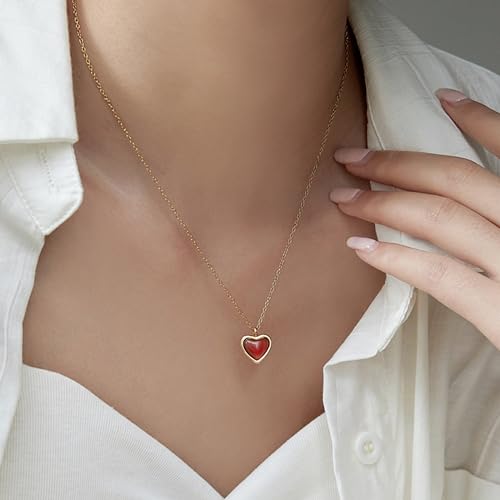 Sonateomber Gold Stone Pendant Necklace for Women, Chunky Statement Dainty Heart Oval Natural Gemstone Dangle Necklaces Wedding Prom Accessories Fashion Jewelry Gift - color: Red