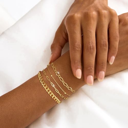 MFRYK Gold/Silver Bracelets For Women,Trendy 14k Gold/Silver Plated lightweight Dainty Chunky Thin Cuban Link Paperclip Chain Tennis Bangle Bracelets Stack Set,Ring Hand Chain Bracelet,Gold Jewelry Gift For Women Fashion Accessories - style: 4Pcs Chunky C