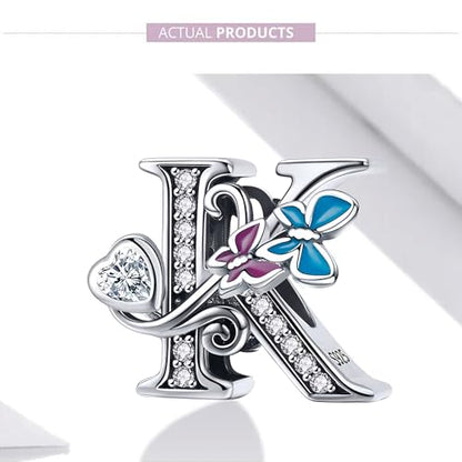 S925 Silver Butterfly Initial Letter Charms Fit for Pandora Charms Bracelets and Necklace Alphabet Bead Charms Jewelry Gifts for Women - color: K