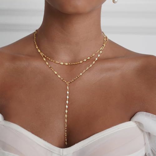 Gold Necklace for Women, Dainty Long Necklace 14k Gold Plated Lariat Long Necklaces for Women Trendy Simple Statement Drop Necklace Fashion Body Chain Prom Jewelry Gold Accessories - color: 14-Gold