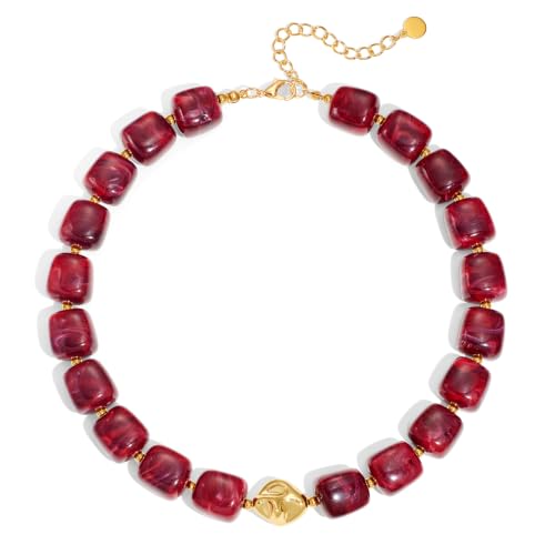 Chunky Beaded Necklace for Women,Square Resin beads boho Choker Necklace with gold-tone spacers,Fashion Trendy Summer Beach Party Necklaces Handmade Surfer Beach Necklaces Jewelry Gifts - color: Burgundy