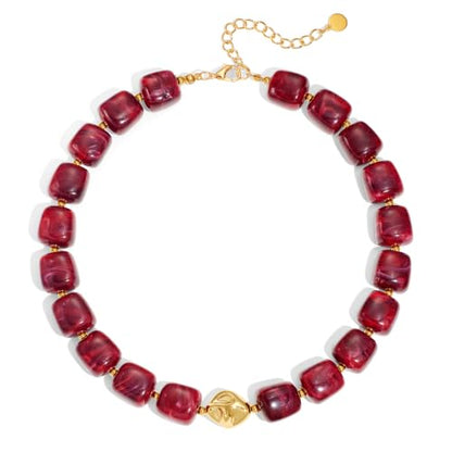 Chunky Beaded Necklace for Women,Square Resin beads boho Choker Necklace with gold-tone spacers,Fashion Trendy Summer Beach Party Necklaces Handmade Surfer Beach Necklaces Jewelry Gifts - color: Burgundy