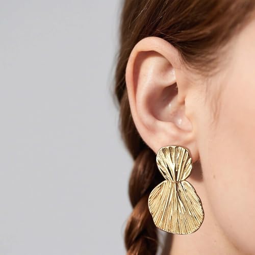 Large Geometric Drop Dangle Earrings for Women Pearl Teardrop Disc Rectangle Oval Fishtail Shell Shaped Textured Dangle Studs Earrings for Women - color: Gold-Shell B