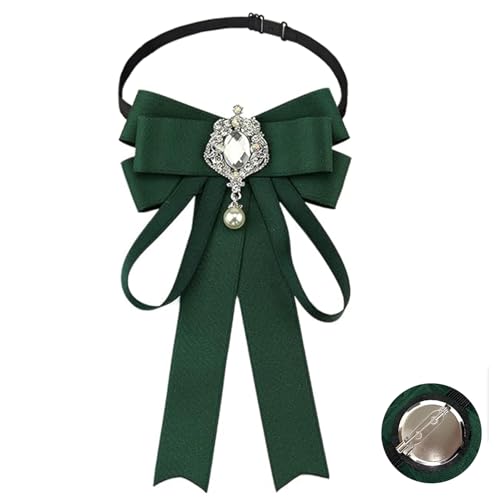 Fashion Ribbon Bow Tie Brooch Pins for Women Girls Crystal Pearl Uniform Pre-Tied Bowknot Corsage Party Ceremony Accessories - color: 117-Dark Green