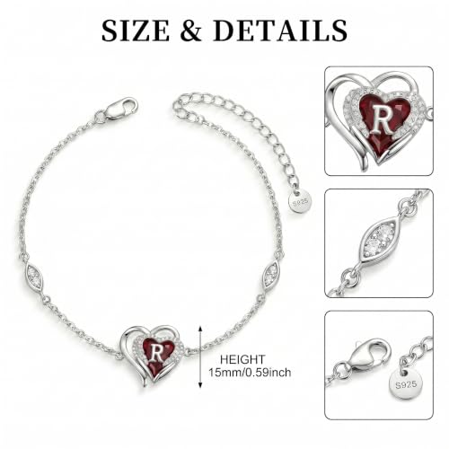 Initial Bracelet for Women 925 Sterling Silver Heart Angel Wings Initial Bracelet Anniversary Birthday Mothers Day Jewelry for Mom Her Wife - color: R