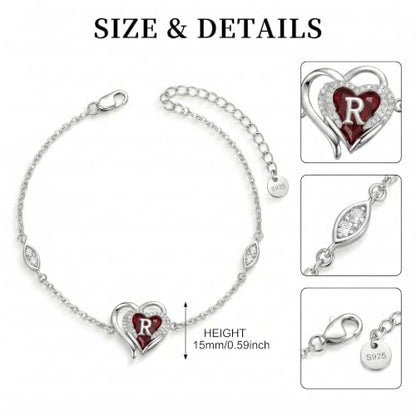 Initial Bracelet for Women 925 Sterling Silver Heart Angel Wings Initial Bracelet Anniversary Birthday Mothers Day Jewelry for Mom Her Wife - color: R