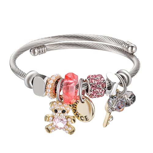 DS Charm Bracelets for girls,exquisite cute cartoon friendship bracelets Silver Stainless Steel Bangle with birthday Gift box, Adjustable girls jewelry Suitable for holiday gifts - style: Silver-pink bear