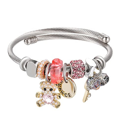 DS Charm Bracelets for girls,exquisite cute cartoon friendship bracelets Silver Stainless Steel Bangle with birthday Gift box, Adjustable girls jewelry Suitable for holiday gifts - style: Silver-pink bear