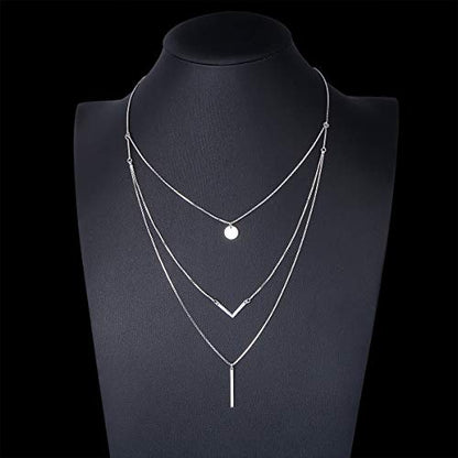 DAOCHONG S925 Sterling Silver Triple Layer Pendant Choker Necklace for Women 16"+2" - style: 3 Multilayer Layered