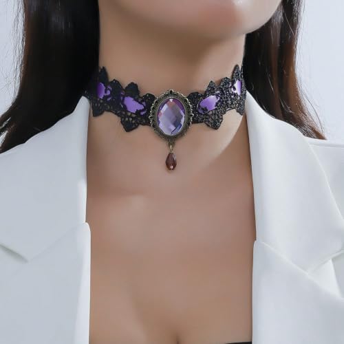CSIYANJRY99 Gothic Choker Necklace for Women Halloween Red Crystal Vampire Choker Steampunk Lace Choker Witch Costume Accessories - style: Purple