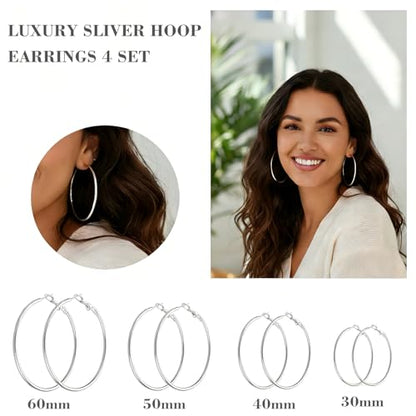 4 Pairs Silver Hoop Earrings for Women 30/40/50/60mm | Hypoallergenic, Stainless Steel, Big Thin Lightweight, Dangle Set - color: 4 Pairs Silver-30/40/50/60mm