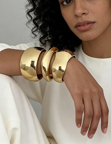 Chunky Gold Bangle Bracelets for Women, Dainty 14k Gold Plated Big Stackable Bangles Set, Trendy Statement Cuff Bracelet Stack Fashion Jewelry Gifts - style: A5-gold