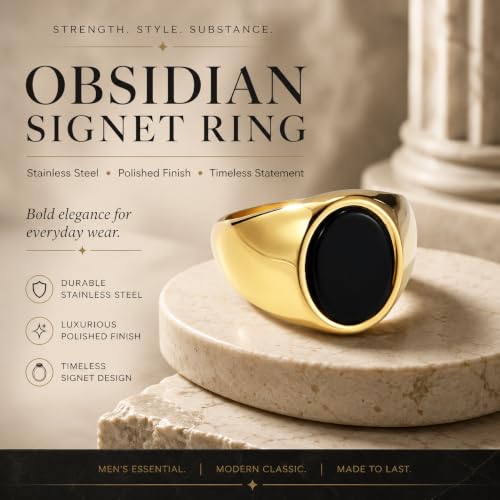 Stainless Steel Black Obsidian Ring for Men Women, Oval Black Stone Signet Ring, Gold Silver Black Tone Wide Band Ring, Polished Stainless Steel Statement Jewelry Gift - color: Gold