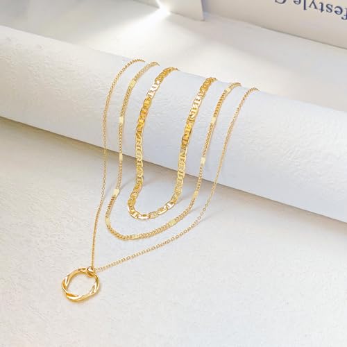 Airmb Gold Layered Necklaces for Women 14k Gold Plated Dainty Stackable Choker Necklaces for Women Trendy Layering Chain Cute Pendant Necklace Set Gold Jewelry for Women - color: Gold-Circle Pendant-Mariner Chain