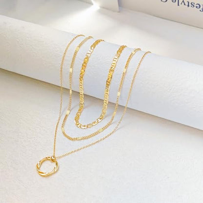 Airmb Gold Layered Necklaces for Women 14k Gold Plated Dainty Stackable Choker Necklaces for Women Trendy Layering Chain Cute Pendant Necklace Set Gold Jewelry for Women - color: Gold-Circle Pendant-Mariner Chain