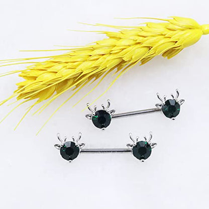 2PCS 14G 316L Stainless Steel Opal Nipple Rings Deer Head Nipple Barbell Nipple Piercings Jewelry for Women - color: Green