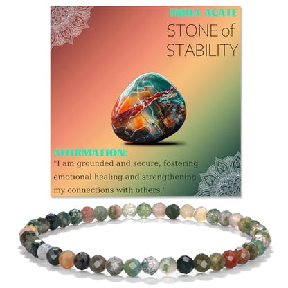Natural Faceted Crystal Bracelet for Women,4mm Gemstone Round Beads Bracelets Adjustable Stretchy Healing Crystal Beads Bracelets Dainty Jewelry Gift - color: Indian Agate