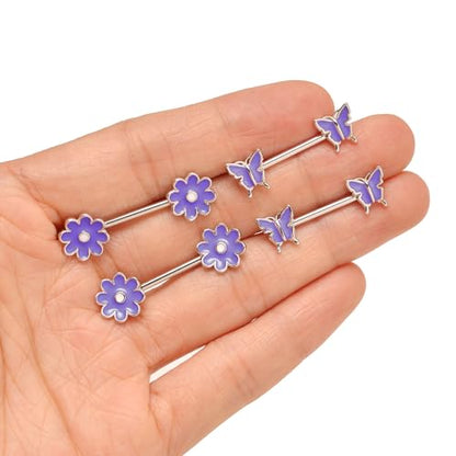 9 Pairs Nipple Rings Stainless Steel Heart Butterfly Moon Flower CZ Barbell Tongue Rings Set Cute Nipplerings Piercing Jewelry for Women Pink Silver Tone - color: D: Purple Tone