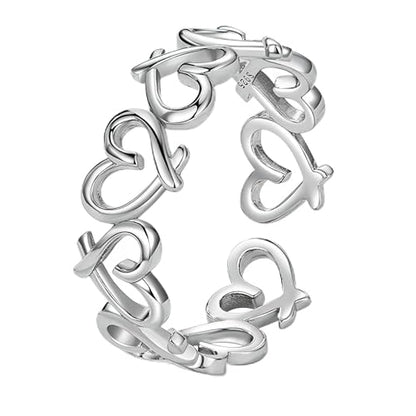 Silver Open Adjustable Stacking Rings for Women, Minimalist Wrap Band Set, Geometric/Heart/Wave/Leaf/Spiral Styles, Hypoallergenic, Gift Box Included, Thumb Ring Option - color: Heart