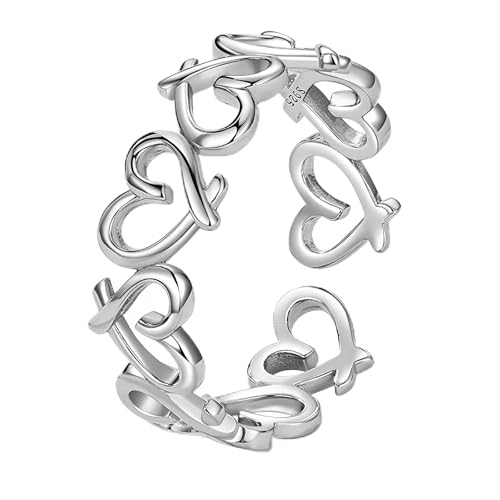 Silver Open Adjustable Stacking Rings for Women, Minimalist Wrap Band Set, Geometric/Heart/Wave/Leaf/Spiral Styles, Hypoallergenic, Gift Box Included, Thumb Ring Option - color: Heart