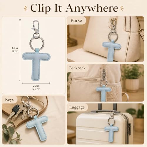 Initial Letter Keychain,Stainless Steel,Colorful Faux Leather Keyring for Backpack,Purse,Car Keys,Gift for Men Women - color: T