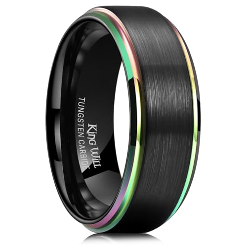 King Will Mens Brushed Wedding Band, Two Tone Matte Step Edges/Pipe Cut, Tungsten Carbide Anniversary Promise Rings Comfort Fit - color: Black&Rainbow Edge-8mm