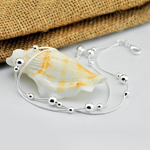 Womens Anklet 925 Sterling Silver Layered Anklet Bracelet Dainty Beaded Foot Chain Adjustable Summer 24k Gold Plated Beach Jewelry Gift - color: Snake chain Silver