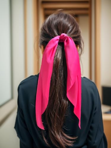 Pack of 2 Knotted Bow Hair Scrunchies Elastic Hair Scarf Black Hair Ties Bands Satin Hair Ribbon Scrunchy Red Ponytail Holder for Women and Girls, Hair Scarf Scrunchies, Hair Accessories Hair Bow - color: Hot pink