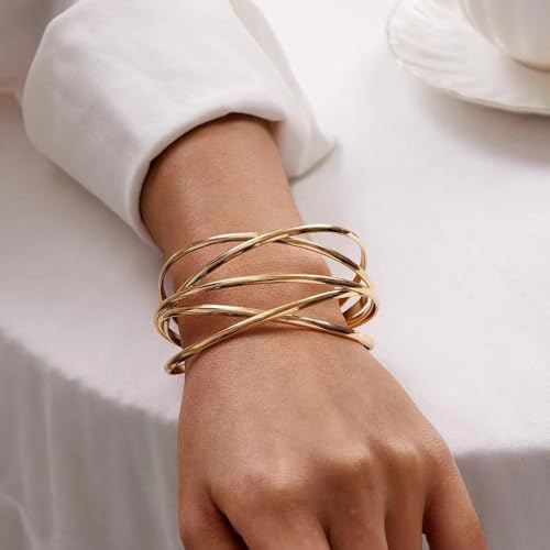 Multi-layer Cuff Bracelet for Women Gold Silver Chunky Cross Wire Bangle Bracelet Wide Adjustable Open Bracelet Trendy Statement Outfits Accessories - color: Gold