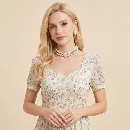 White Bead Necklace and Earring Vintage Gold Pearl Necklace Choker with Rhinestone Adjustable Faux Pearl Costume Jewelry Set for Wedding Bridal Birthday Tea Party