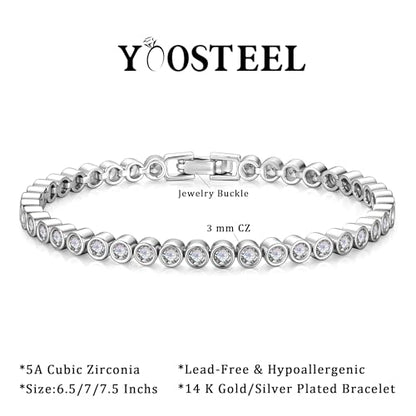 Yoosteel 14K-Gold-Plated/White-Gold-Plated Tennis Bracelet for Women,3mm CZ | Dainty Cubic Zirconia Bracelets,Classic Tennis Bracelet,Trendy Simple CZ Jewelry Gifts,6.5/7/7.5 Inch Bracelets - color: Bezel-14K-White Gold-Plated, size: 7.5