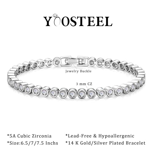 Yoosteel 14K-Gold-Plated/White-Gold-Plated Tennis Bracelet for Women,3mm CZ | Dainty Cubic Zirconia Bracelets,Classic Tennis Bracelet,Trendy Simple CZ Jewelry Gifts,6.5/7/7.5 Inch Bracelets - color: Bezel-14K-White Gold-Plated, size: 6.5