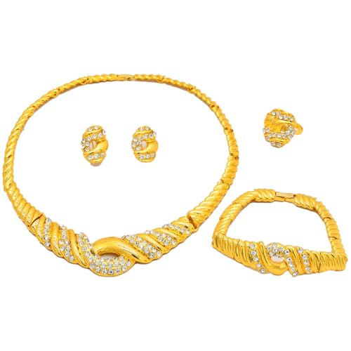 Fashion Crystal Jewelry Set For Women 18 K Gold Plated Jewelry Wedding Bride Dubai Gold Necklace Earrings Bracelet Ring 4 Pieces Set - color: S-708