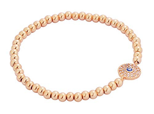 Women Evil Eye Ball chain Elastic bracelet with CZ Cubic Zirconia - color: Rose Gold