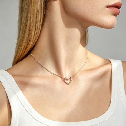 Stainless Steel Snake Chain Heart Necklace for Women, Open Heart Pendant Necklace, Dainty Hypoallergenic Non Tarnish Jewelry, Gold Silver Tone Gift Jewelry - color: Silver