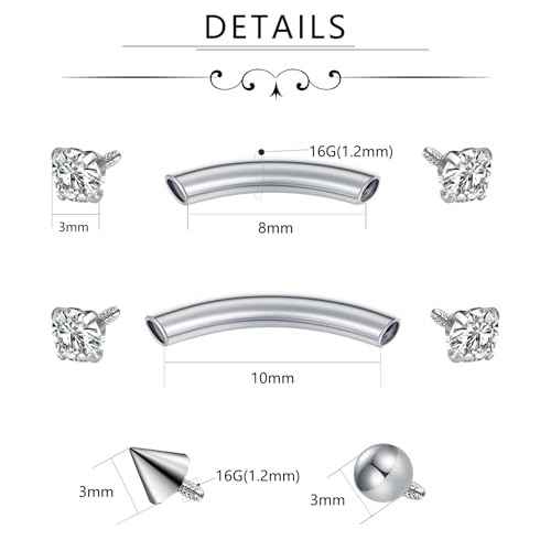 FECTAS Internal Threaded Eyebrow Rook Piercing Jewelry 16G Earrings 8/10mm Vertical Labret Lip Jewelry Curved Barbell Eyebrow Rings Tiny Small Belly Rings Ear Rook Helix Conch Daith Piercing Jewelry - color: silver&black