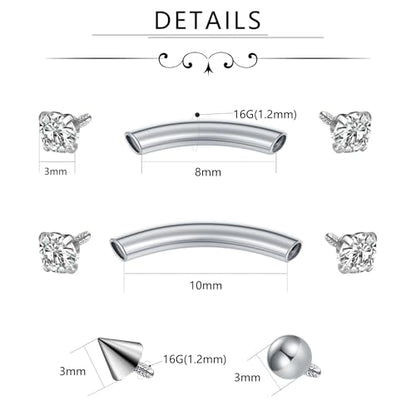 FECTAS Internal Threaded Eyebrow Rook Piercing Jewelry 16G Earrings 8/10mm Vertical Labret Lip Jewelry Curved Barbell Eyebrow Rings Tiny Small Belly Rings Ear Rook Helix Conch Daith Piercing Jewelry - color: silver&black