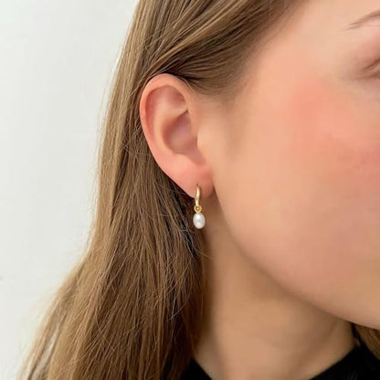 Robaice Pearl Earrings for Women, 14K Gold Plated Dangle Drop Earrings | Small Pearl Drop Huggie Hoop Earrings, Hypoallergenic Dainty Gold Earrings, Wedding Jewelry Gifts for Women Trendy - style: irregular pearl earrings