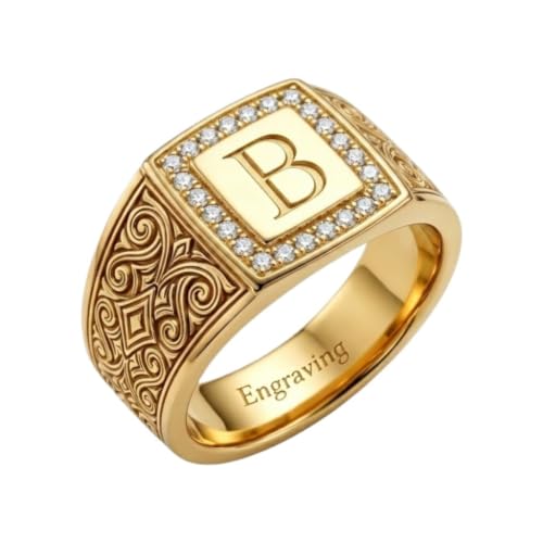 LONAGO Personalized 10K 14K 18K Solid Gold Initial Signet Ring, Custom Engraved Monogram Ring with Vintage Greek Key, Statement Ring for Men Women, Jewelry Gift for Anniversary Birthday - color: Style 2
