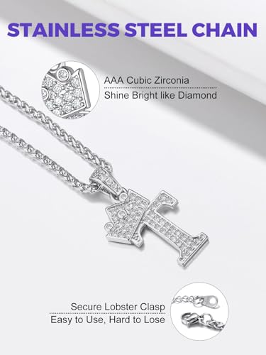 Richsteel Silver Crown Initial A-Z Letter Pendant Necklace for Men Women | Cubic Zirconia Monogram, 316L Steel Chain, 22" + 2" Extender,Hypoallergenic,Gift Box, Hip Hop Jewelry - style: T