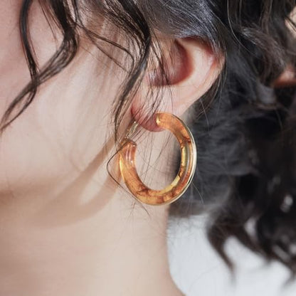 Chunky Gold Resin Hoop Earrings Leverback Statement Huggie Hoops Dangle Drop Dressy Earring Prom Festival Vacation Jewelry for Women - color: Amber, size: Hoop