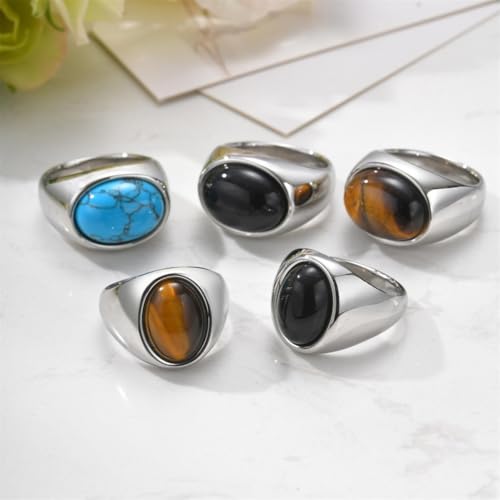 HIJONES Unisex Stainless Steel Oval Agate Gemstone Inlaid Silver Plated Signet Ring Solid Glossy Wedding Band - color: Brown Stone
