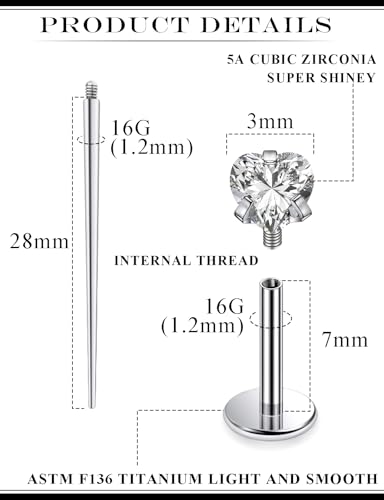 20G 18G 16G Astm F136 Titanium Internal Thread Flat Back Earrings Nose Studs Tragus Helix Conch Cartilage Lobe Earrings Medusa Labret Snake Bite Monroe Lip Ring Piercing Jewelry For Women Men - color: Clear, size: 16G-7MM Bar-CZ 3MM