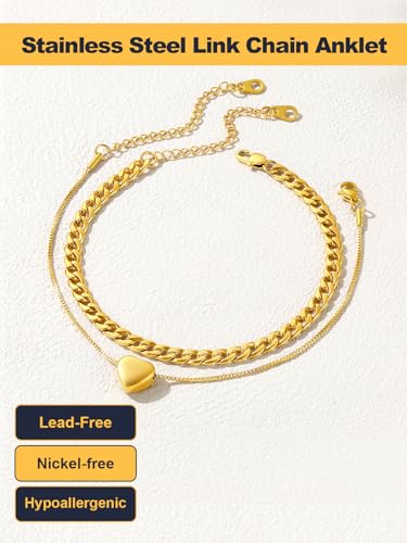 U7 2Pcs/3Pcs Ankle Bracelets for Women, Stainless Steel Cuban Link/Figaro/Rope/Heart Chain Anklets Sets,Waterproof Layered Anklets Adjustable 8.5"-10.5" - color: 02. 2Pcs Style B-Gold