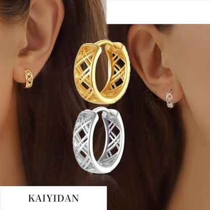 2 Pairs Gold/Silver Hoop Earrings For Women Set Trendy,14K Plated Gold Chunky Huggie Hoop Earings Pack,Oval Twisted Statement Silver Hoops,Fashion Jewelry Gift - color: 18) small hollow rhombus hoop