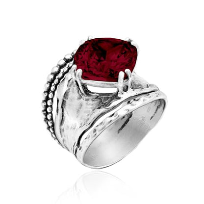 JEAN RACHEL JEWELRY 925 Sterling Silver Prong Solitaire Ring | Raised crown engagement style ring mounting a precision faceted brilliant Cubic Zirconia solitaire over stacked silver rows. - color: Garnet CZ